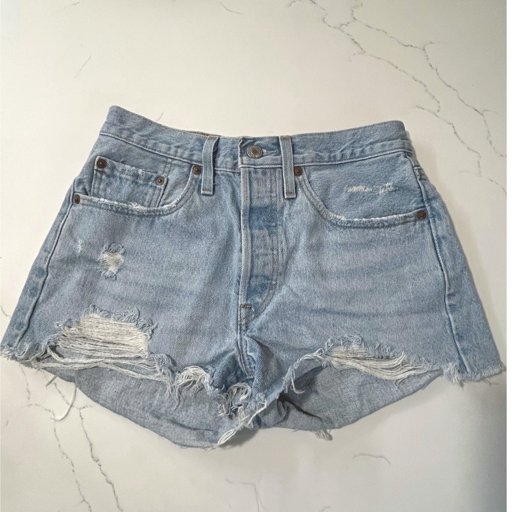 Levis 501 Original Light Wash Distressed Denim Shorts W26 Button Fly Cutoff
